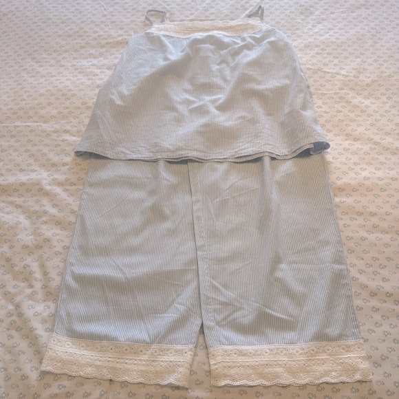 Shabby Chic Blue and White Striped Pajama Set with Lace Trim Size Medium - Picture 2 of 8